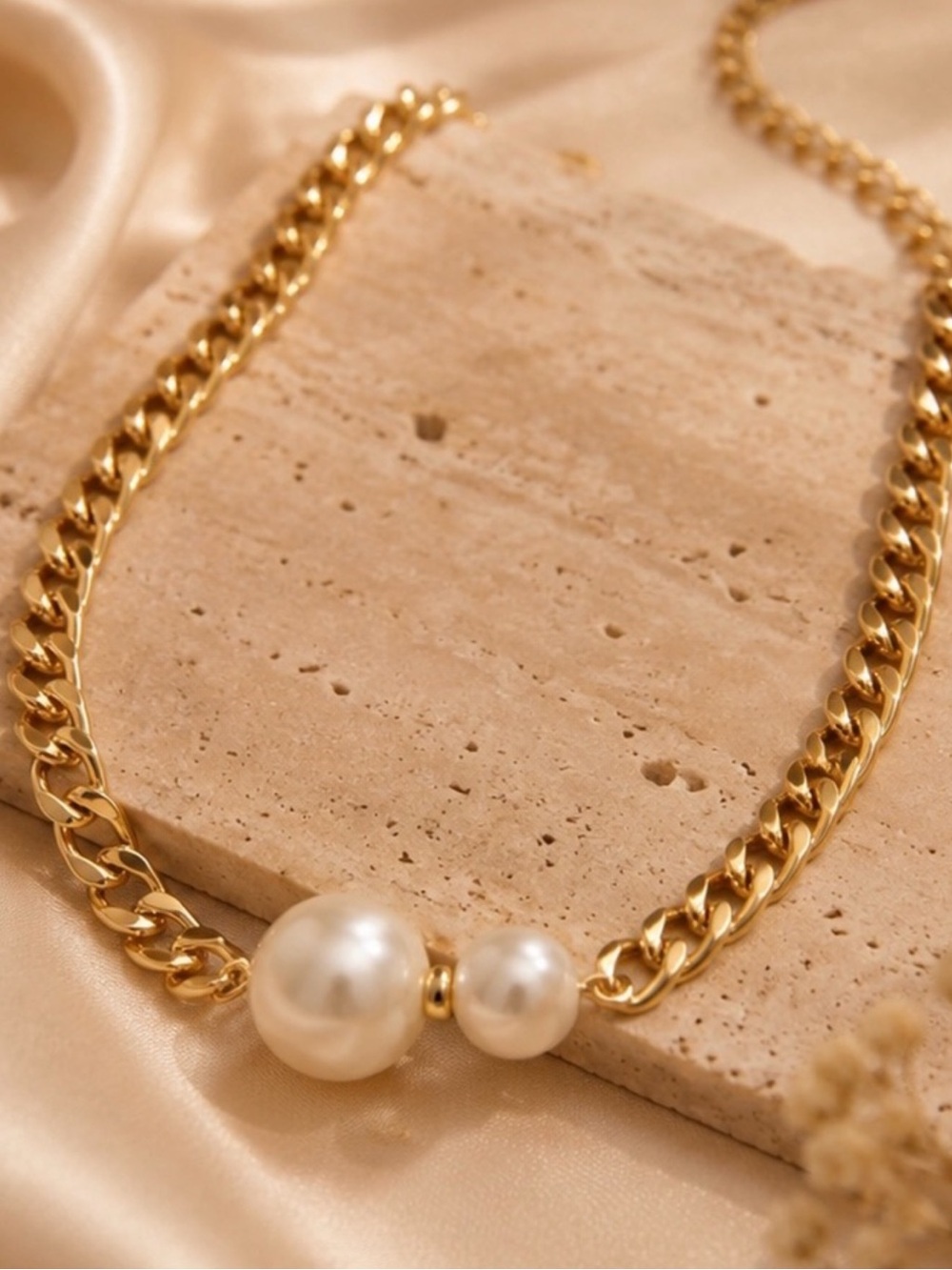 Gold Tone Chunky Chain Pearl Necklace Double Pearl Statement Jewelry